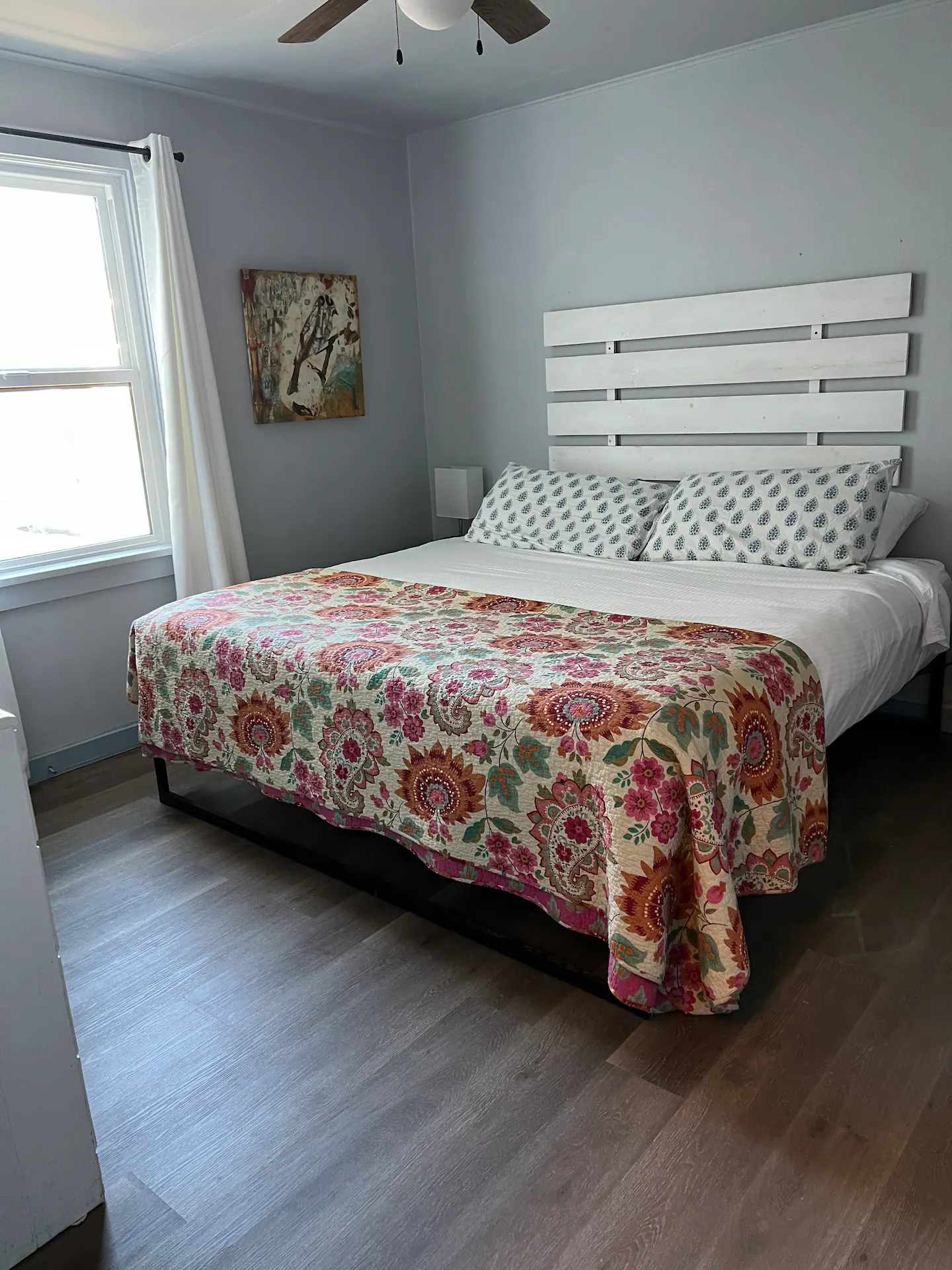 King sized bed in the Guest House upstairs bedroom